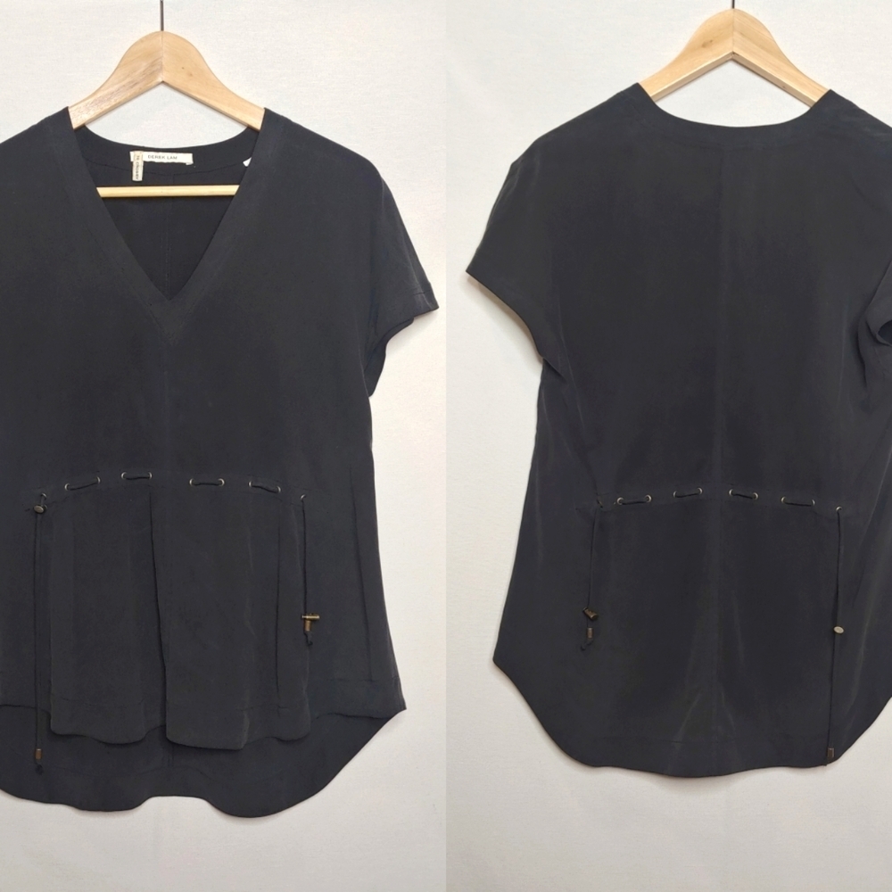 10 Crosby Derek Lam VNeck Short Sleeve Silk Blouse Tee Drawstring Waist Small S